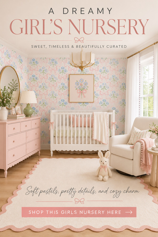 Create the sweetest girls nursery with soft pink furniture, charming floral wallpaper, cozy textures, and timeless detai