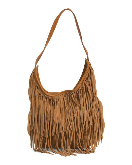 Suede All Over Front Fringe Hobo | TJ Maxx