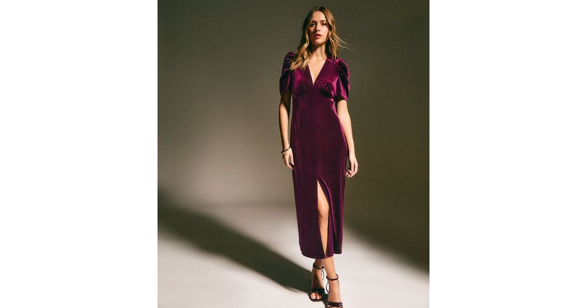 Dark Burgundy Velvet Gathered Sleeve Midi Dress | New Look | New Look (UK)