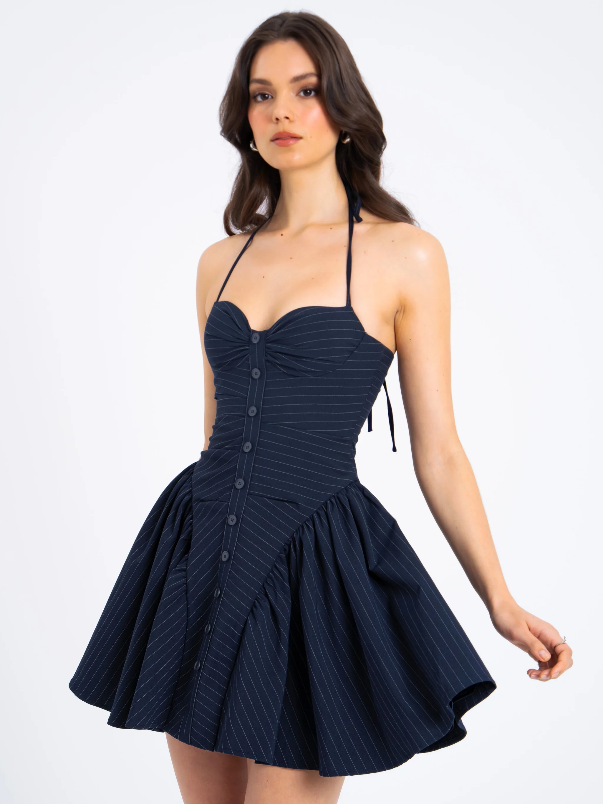 Melody Navy Blue Pinstripe Halter Drop Waist Mini Dress | Miss Circle