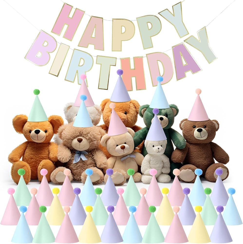 Vinsot 43 Pcs Pastel Cone Hats with Macaron Happy Birthday Letters Banner Mini Rainbow Hats | Amazon (US)