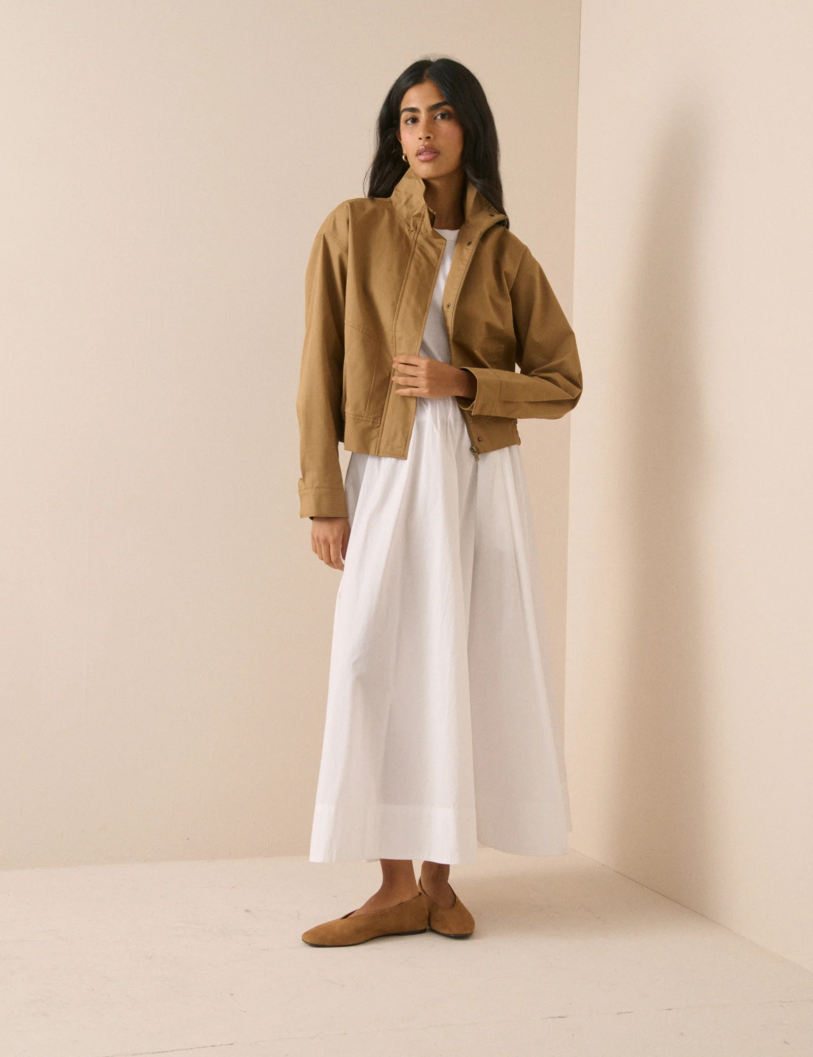 Camel Funnel Neck Trinity Bomber Jacket | Nobody's Child