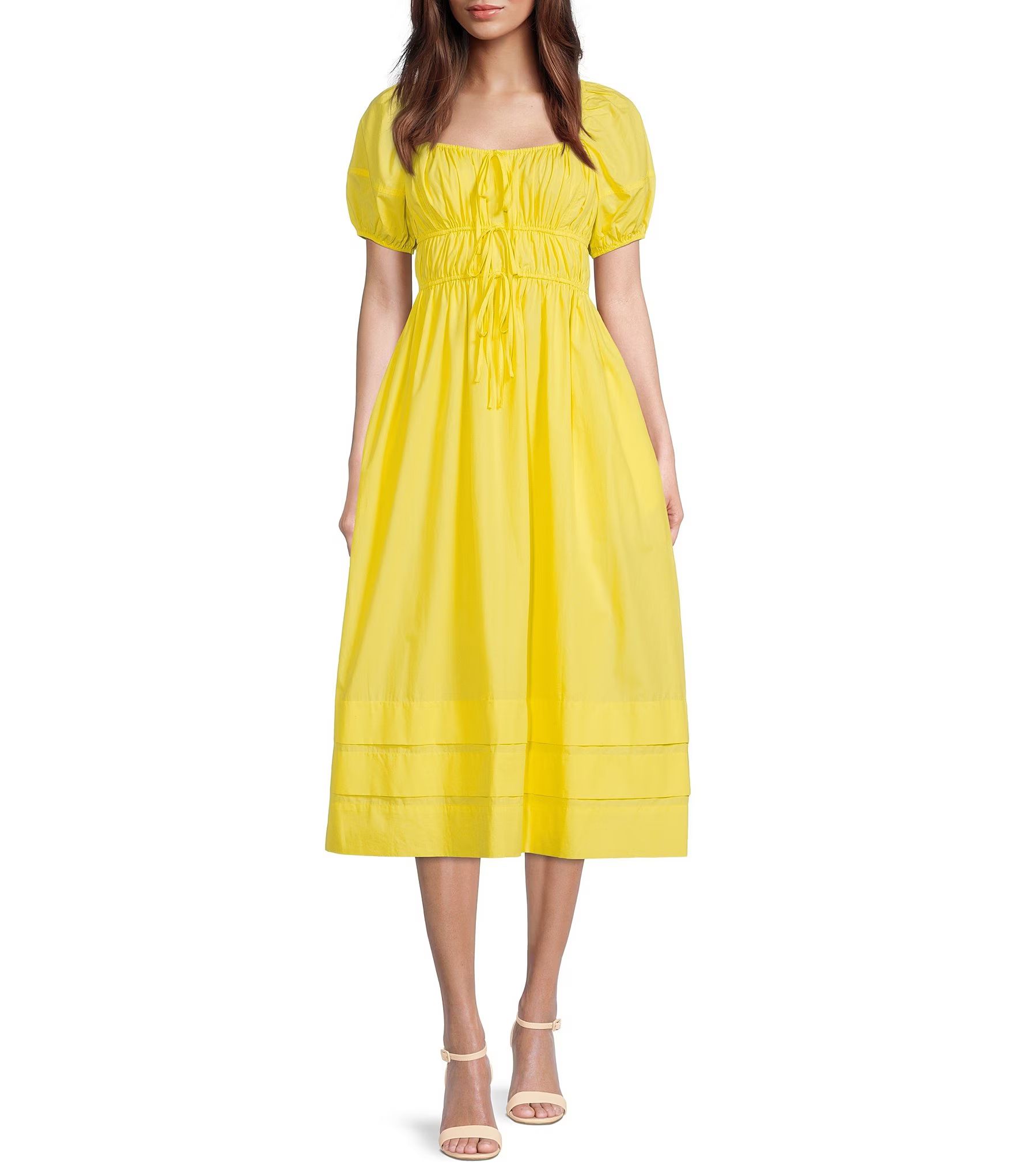 Gisella Ruffle Tie Square Neck Cotton Poplin Short Puff Sleeve Smocked A-Line Midi Dress | Dillard's