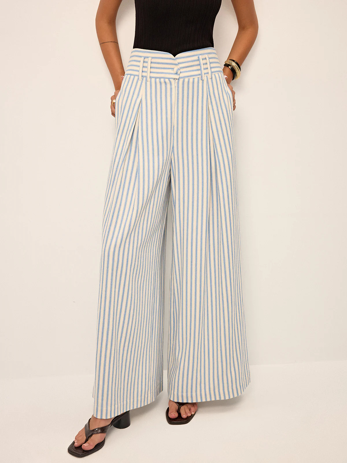 Cotton Striped Pleated Wide-Leg Pants | Commense