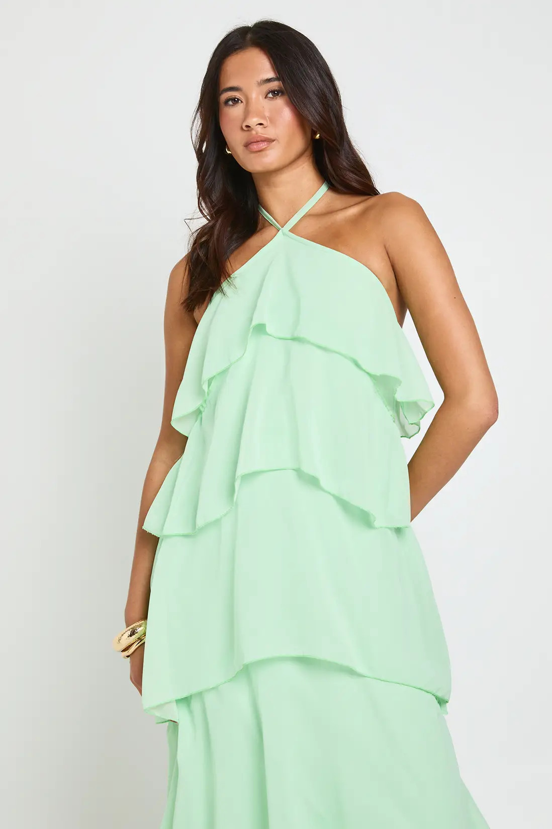Mint Chiffon Tiered Halterneck Maxi Dress | Boohoo | Boohoo.com (UK & IE)