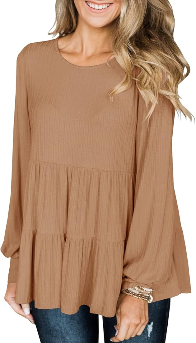 Modershe Womens Long Sleeve Tunic Babydoll Knit Tops Peplum Ruffle Hem Blouse Loose Casual Shirt ... | Amazon (US)