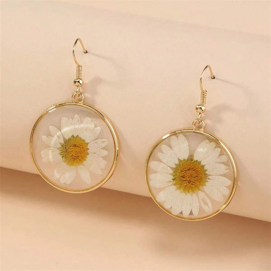 LocalFashion Transparent Dried Flower Elegant Earrings For Women Resin Daisy Drop Earring Bohemia... | SHEIN