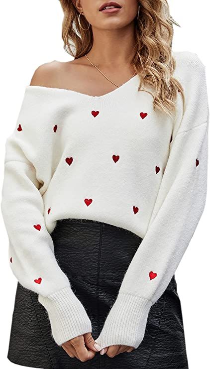 ECOWISH Women Valentine Heart Sweater V Neck Embroidery Knit Loose Casual Long Sleeve Ribbed Pull... | Amazon (US)