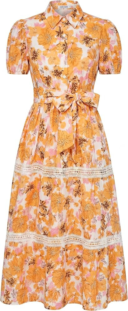 GRACE KARIN Women's 2026 Summer Floral Flowy Dresses Boho Tie Belt Short Puff Sleeve A Line Maxi ... | Amazon (US)