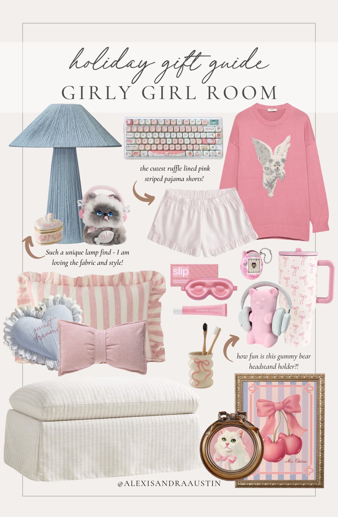 Holiday gift guide for the girly girls! Bedroom and trending finds inspired some new interests of my preteen daughter.

Holiday gift guide, girls gift guide, trending pink gifts, girls bedroom favorites, storage ottoman, cozy sweater, ruffle pajama shorts, lamp favorites, tumbler, girls pillow, digital art, gold frame, gaming keyboard, Etsy, Hollister, Lulu and Georgia, Pottery Barn Teen, Hydrojug, Slip, Urban Outfitters, shop the look!

#LTKGiftGuide #LTKHoliday #LTKKids