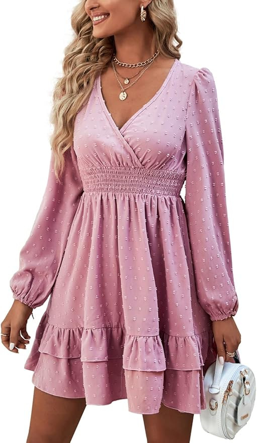 Rooscier Women's Wrap V Neck Swing Ruffle Swiss Dots Long Sleeve Mini Dress | Amazon (US)