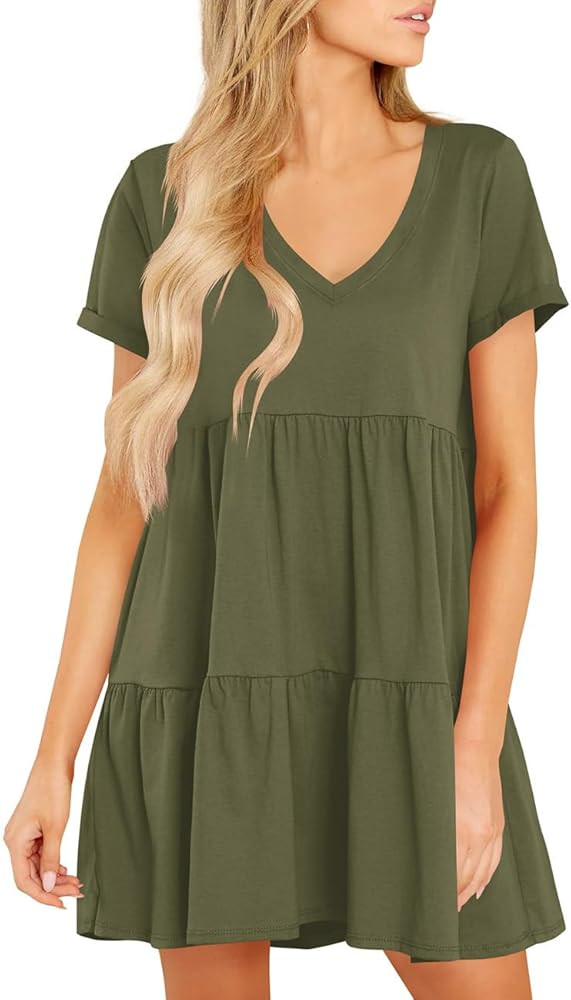 Cosonsen Womens Summer Casual Dresses 2025 Short Sleeve V-Neck Tshirt Dress Flowy Babydoll Dress | Amazon (US)