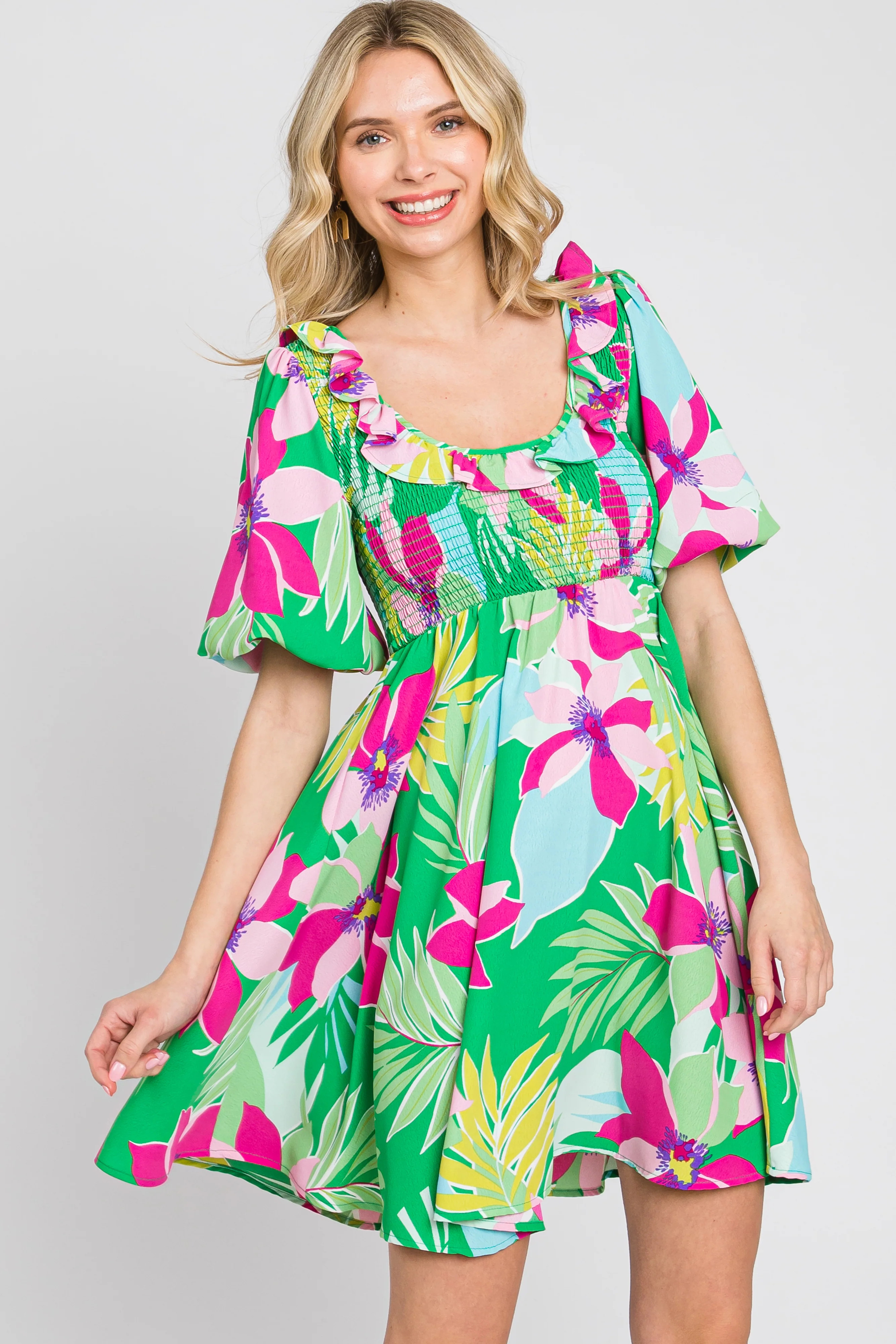 Green Floral Smocked Puff Sleeve Dress | PinkBlush Maternity