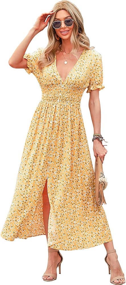 RONGKIM Boho Floral Maxi Dress for Women Deep V Dress Yellow Maxi Dress Yellow Wedding Guest Dress | Amazon (US)