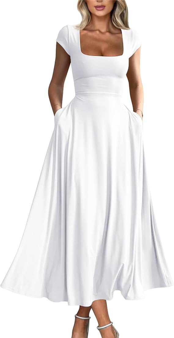 YMDUCH Women's Casual Short Sleeve Square Neck Solid Slim Flowy Maxi Dress with Pockets | Amazon (US)