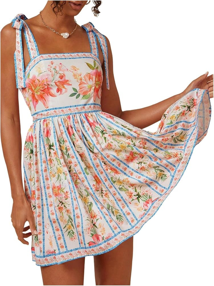 Floerns Women's Floral Tie Shoulder Boho Dress Sleeveless Smocked Ruffle Summer Mini Dresses | Amazon (US)
