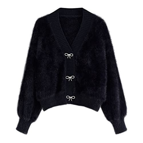 CHICWISH Women Black Crop Fuzzy Cardigan Bowknot Brooch Button Knit Cardigans Open Front Long Sleeves Sweater Tops | Amazon (US)