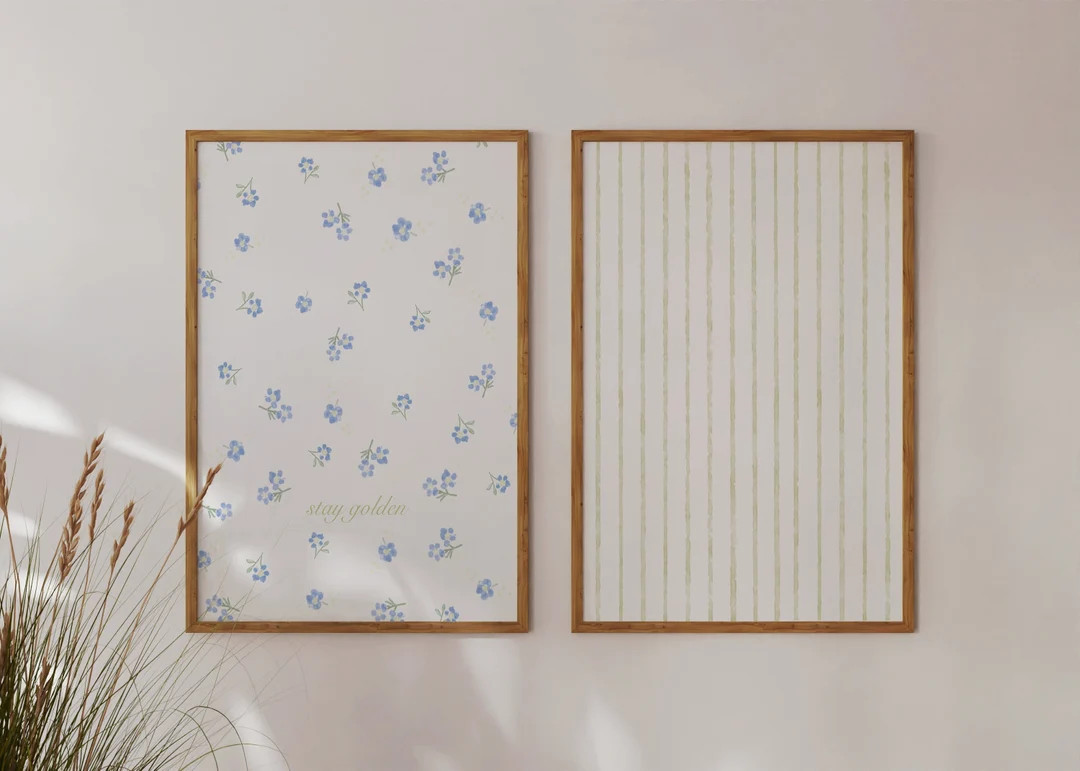 Set of 2 Coastal Granddaughter Downloadable Art Prints, Blue Flowers and Yellow Striped Printable... | Etsy (US)