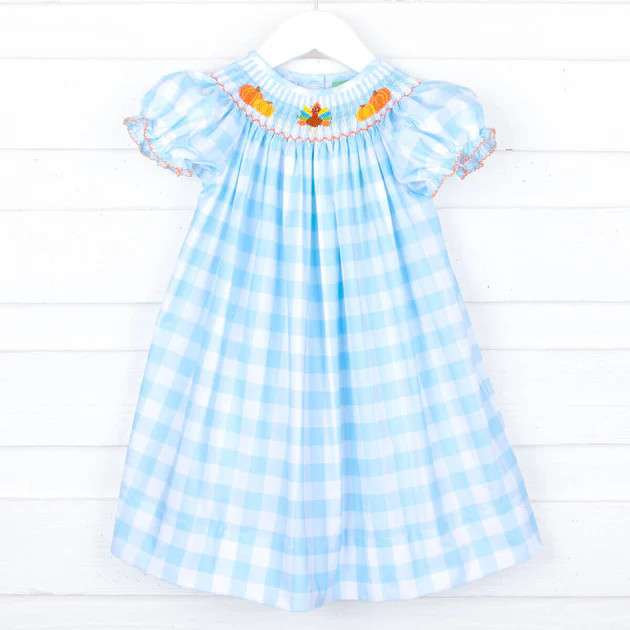Thanksgiving Smocked Turquoise Check Dress | Classic Whimsy
