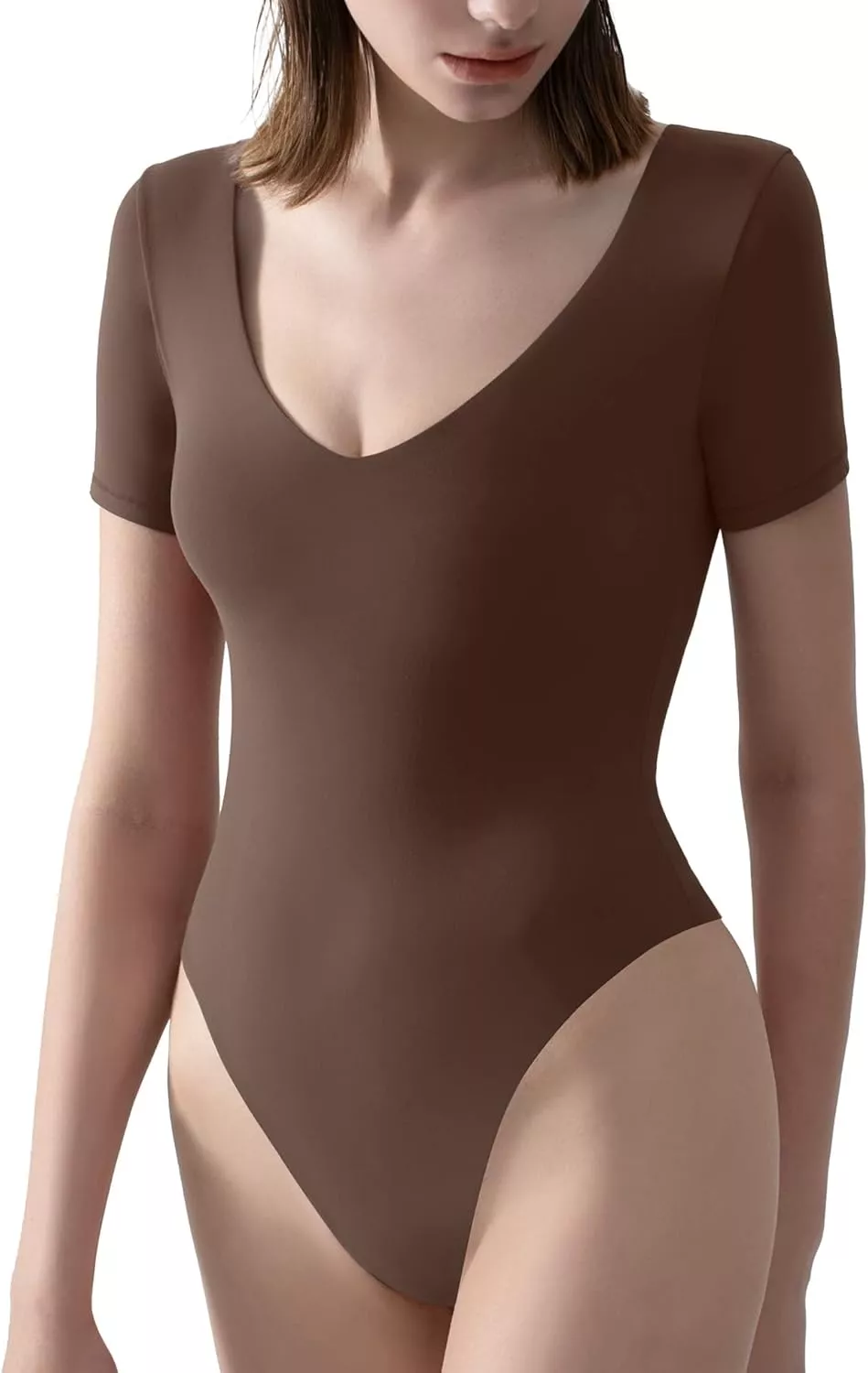  PUMIEY Long Sleeve Bodysuit For Women V Neck Double