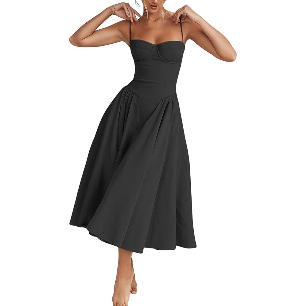 Womens Corset Dress Elegant Spaghetti Strap Midi Dress Flowy Pleated Hem Low Cut Prom Dresses Flo... | Amazon (US)