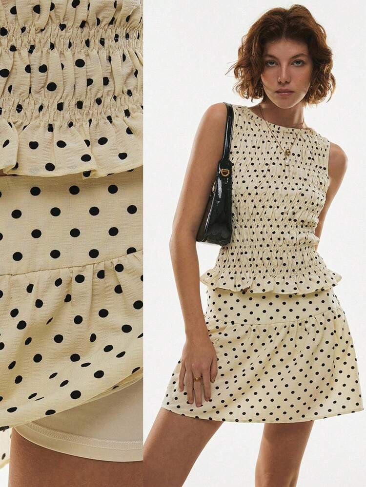 Po\u00e9selle Women's 2ps Retro Polka-Dot Smocked Peplum Tank & A-Line Mini Skirt Co-Ord Set \u2013 Playful Summer Brunch & Vacation Look Polka Dot Two Piece Set, Smocked Top, Mini Skirt Outfit, Summer Co-Ord, Retro Polka Style, Vacation Matching Set, Playful Brunch Look Polka Dot Print Pleated Sleeveless Top And Skort Casual Suit Women's Summer Set Beach Set Vacation Outfits Women Polka Dot Set | SHEIN