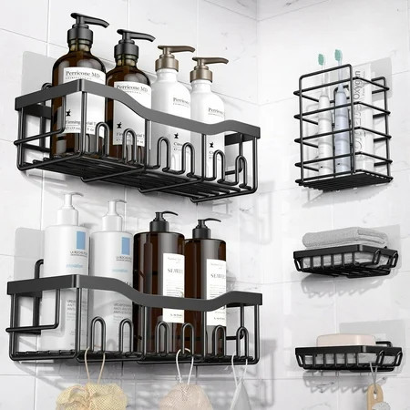 Shower Caddy, Shower Shelves 5 Pack, Adhesive Shower Organizer for Bathroom & Kitchen, No Drilling, Large Capacity, Rustproof SUS304 Stainless Steel Bathroom Organizer, Bathroom Accessories, Black | Walmart (US)