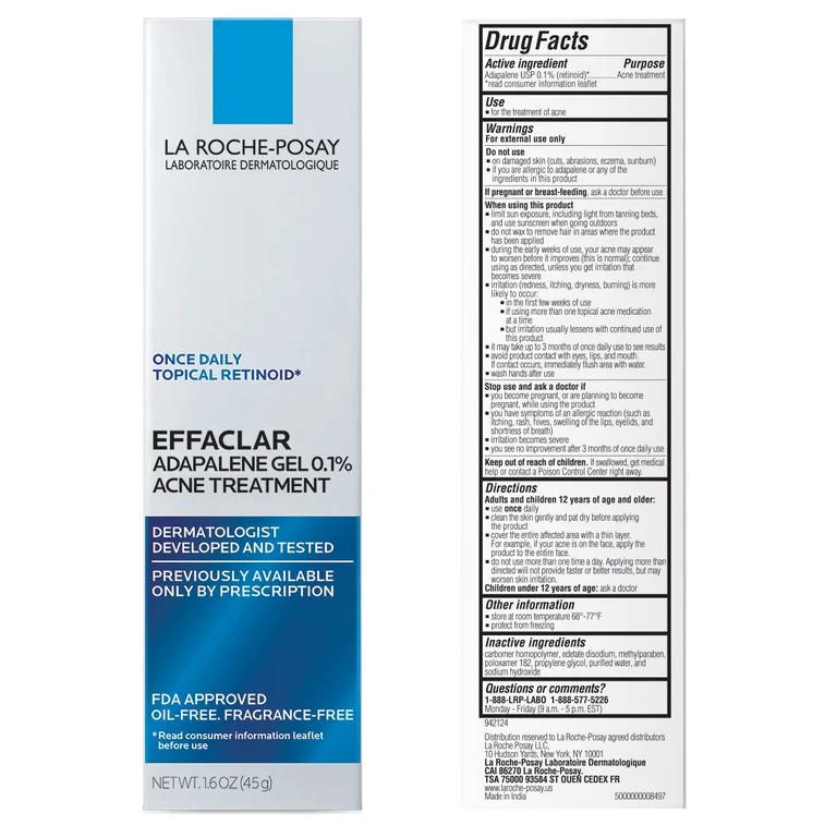 La Roche-Posay Effaclar Adapalene Gel 0.1% Topical Retinoid for Acne, 1.6 fl oz | Walmart (US)