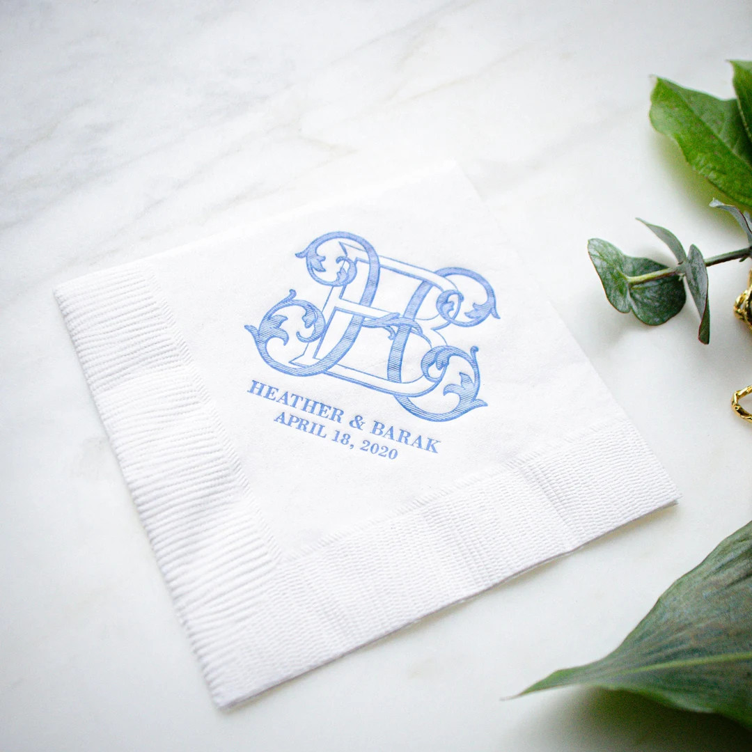 Wedding Logo Napkins, Interlocking Monogram Custom Cocktail Napkins, Foil Printed Napkins, Person... | Etsy (US)