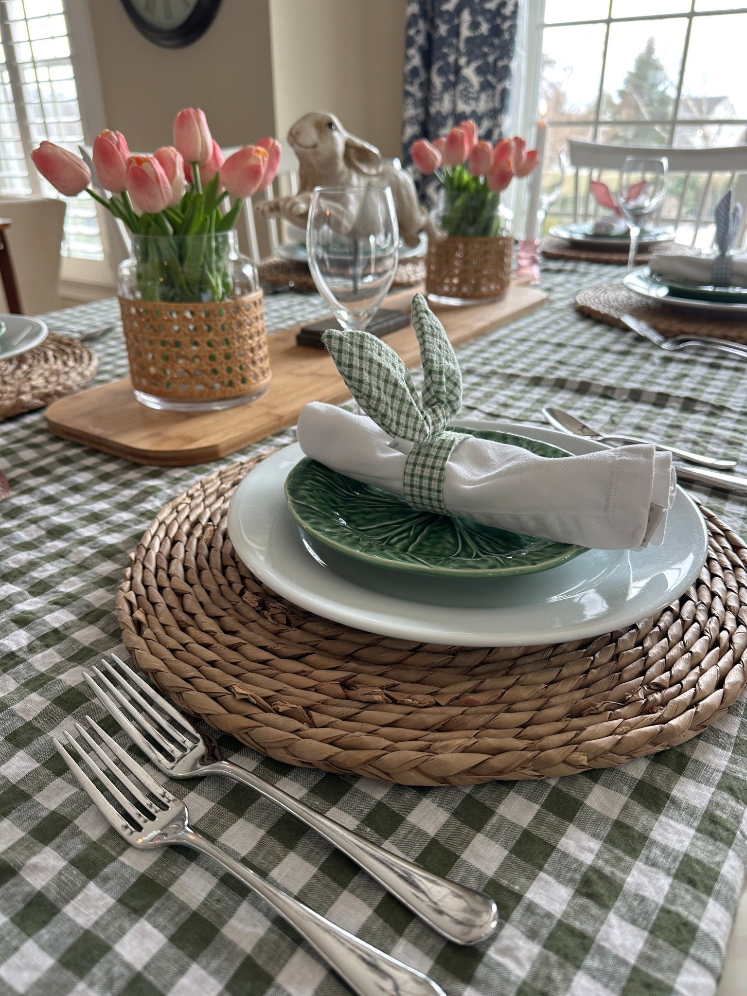 Spring table setting - perfect for an Easter brunch celebration at home!  A green gingham tablecloth makes a great table decorating base.

#LTKSeasonal #LTKHome
