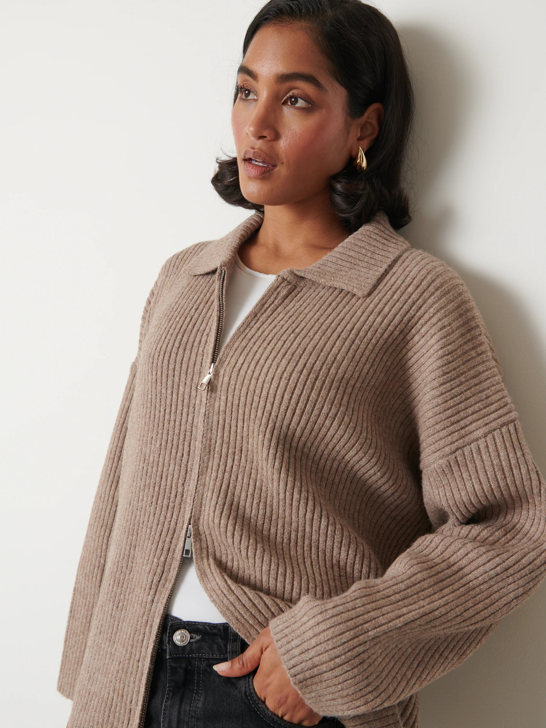 Carla Zipped Knit Jumper - Light Brown Marl | Pretty Lavish (UK)