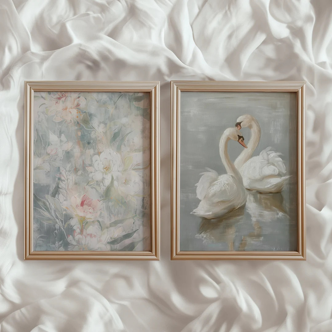 Vintage Swan Print Set of 2 PRINTABLE Art Prints | Elegant Floral Swan Print Set | Soft Pastel Bl... | Etsy (US)