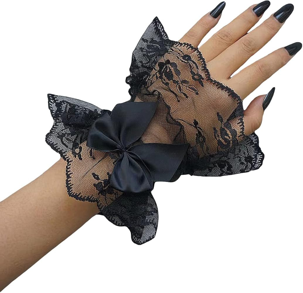 OYOANGLE Women's Floral Lace Bow Front Short Wrist Cuff Wedding Wrist Length Bridal Prom Gloves | Amazon (US)
