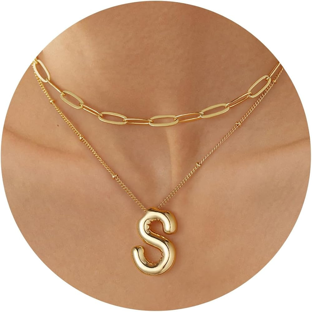 Turandoss Bubble Letter Necklace Gold - Layered Big Initial Necklaces for Women, Paperclip Chain ... | Amazon (US)