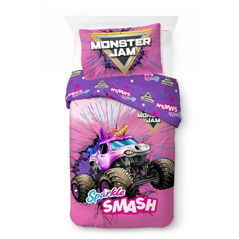 Monster Jam Sparkle Smash 2-Piece Twin/Full Reversible Comforter Set, Polyester Microfiber, Pink ... | Walmart (US)