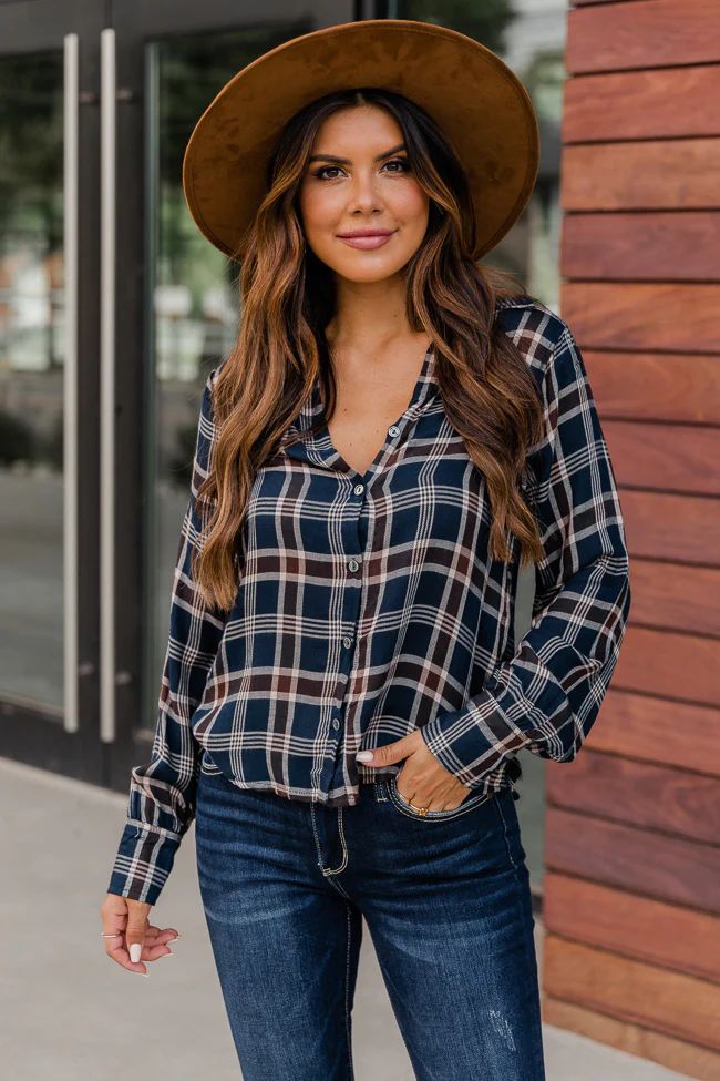 Day Trip Navy Plaid Blouse | The Pink Lily Boutique