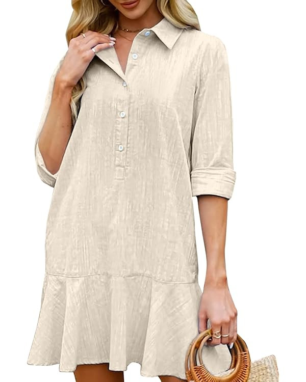Women's Tunic Mini Shirt Dress Cotton Long Sleeve Ruffle Hem Dress Button Up Shift Chambray Dress... | Amazon (US)
