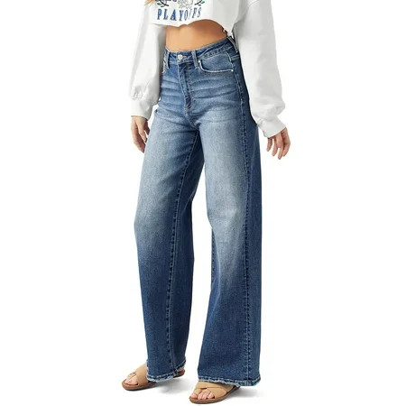 Risen Womens Juniors High Rise Wide-Leg Denim Dad Jeans (9 Dark Denim) | Walmart (US)