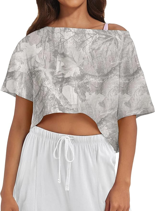 Women Camo Off The Shoulder Shirt Top Short Sleeve Boat Neck Athletic Workout Crop Tees Oversized... | Amazon (US)