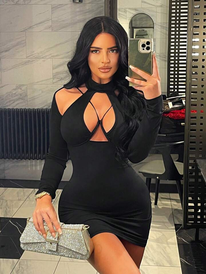 SHEIN SXY Plus Size Women's Nightclub Party New Year's Black Hollow-Out Bra Decor Dress, Suitable... | SHEIN