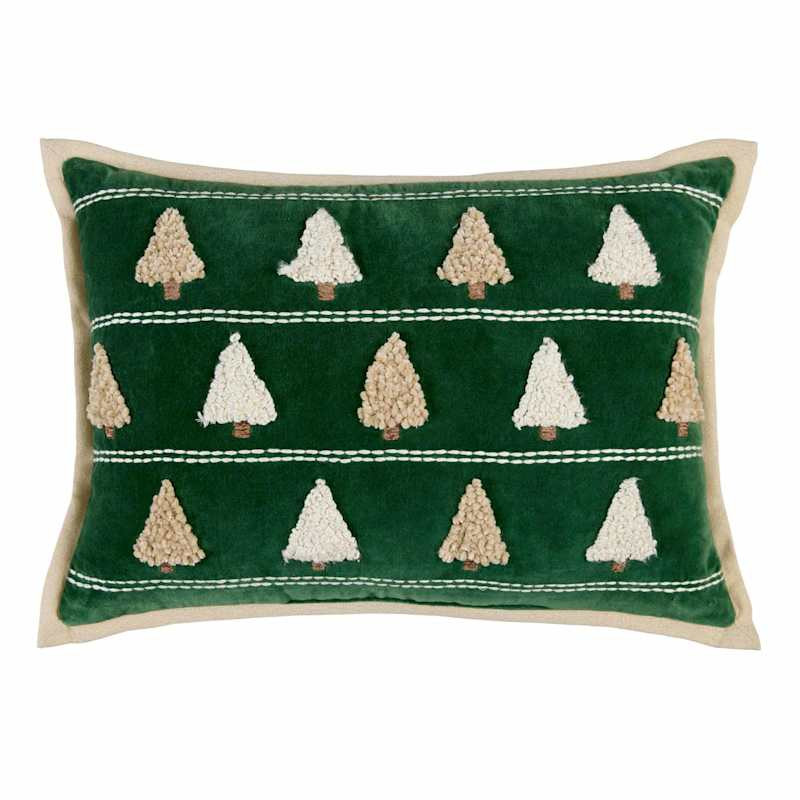 Christmas Tree Embroidered Cotton Velvet Throw Pillow, Green | At Home