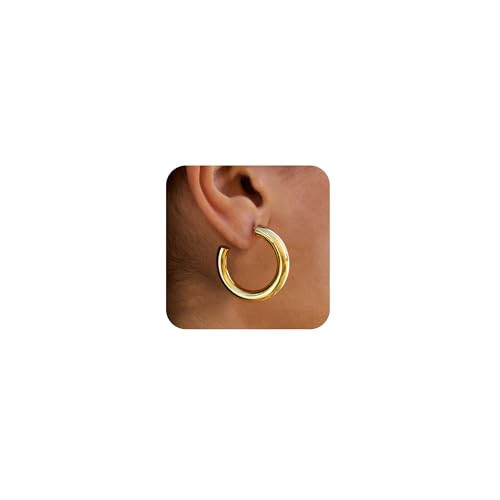 HEVOCY Thick Gold Hoop Earrings: 14K Gold Plated Chunky Earrings for Women Hypoallergenic Lightweight Small Hollow Tube Hoop Earrings Simple Gold Jewelry 30MM | Amazon (US)