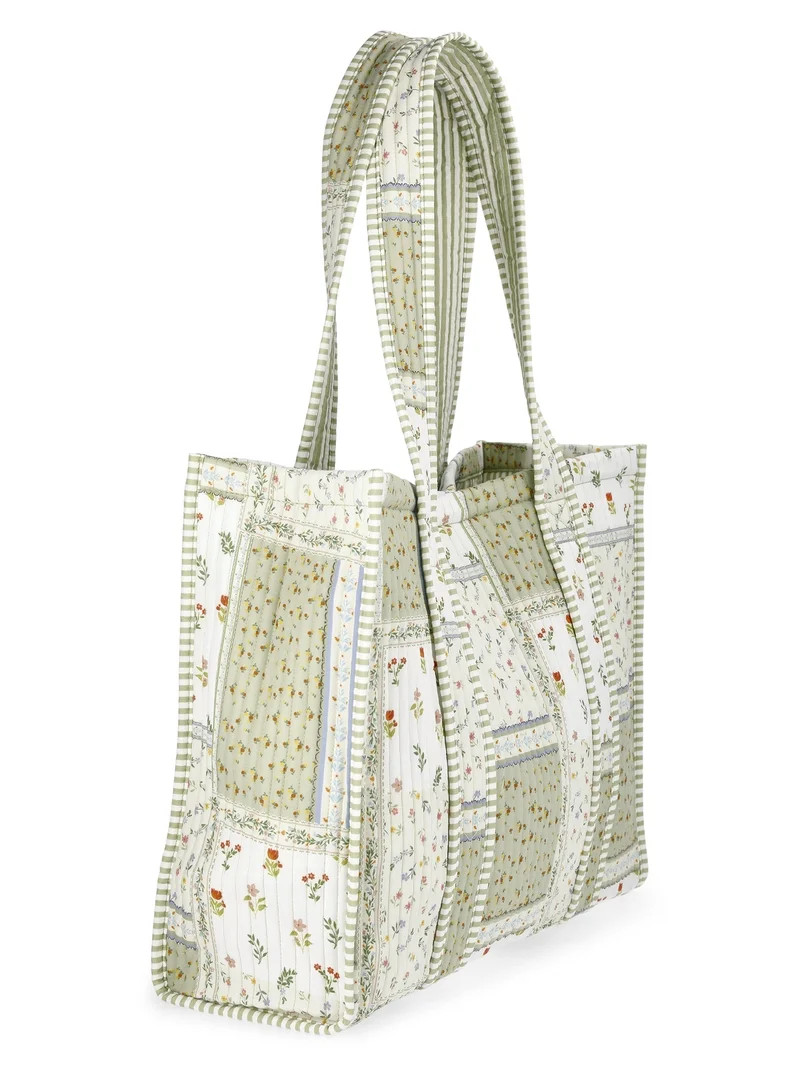 No Boundaries Women's Quilted Tote Bag, Green Patchwork/Stripe | Walmart (US)