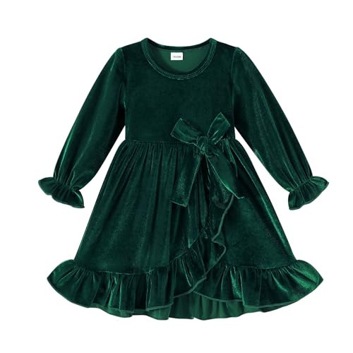YOUNGER TREE Kids Toddler Dress Baby Girls Fall Dresses Ruffle Long Sleeve Bowknot Casual Winter Dress for Girl(18-24 Months,Deep Green) | Amazon (US)