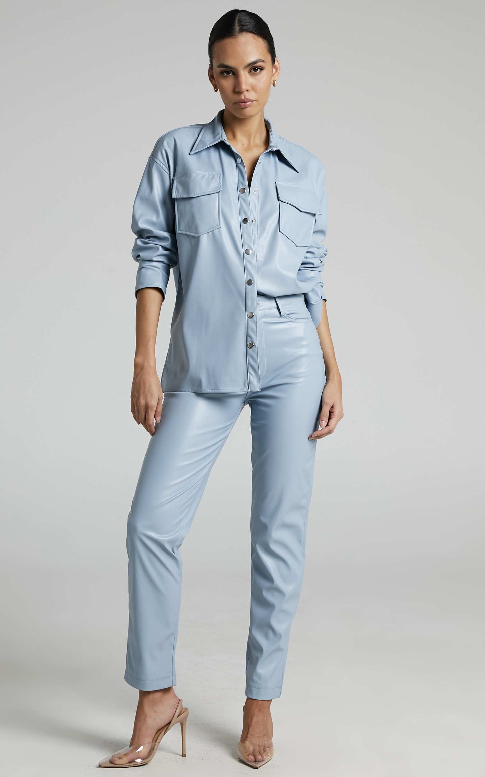 Dilyenne High Waist Straight Leg Faux Leather Pants in Blue | Showpo (US, UK & Europe)