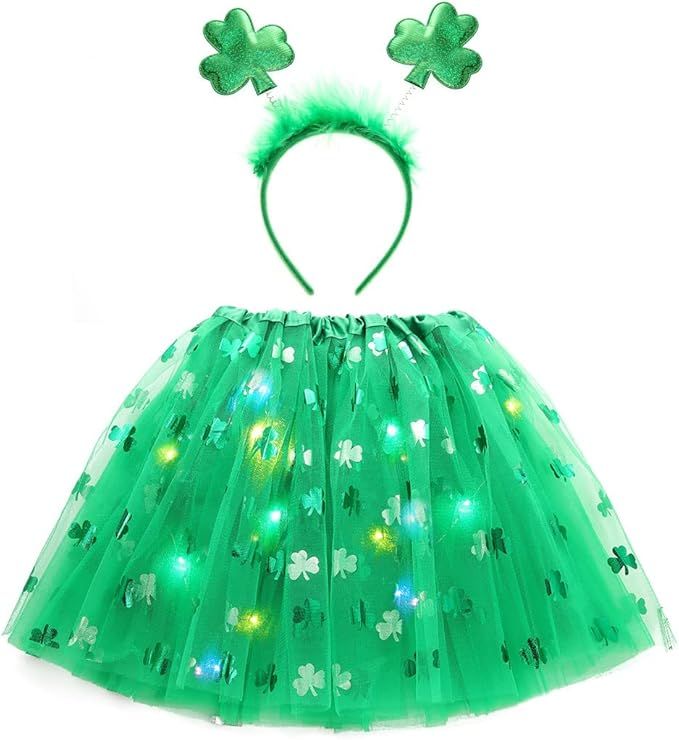 DRESBE St. Patrick's Day Costume Set Green Headband Skirt Shamrock Hair Hoop LED Clover Tutus Lig... | Amazon (US)