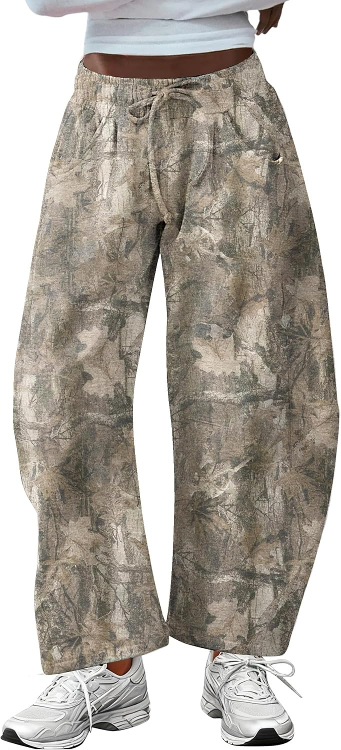 Women Barrel Sweatpants Wide Leg Palazzo Pants Baggy Lounge Sweat Pants Elastic Drawstring Joggers with Pockets | Amazon (US)