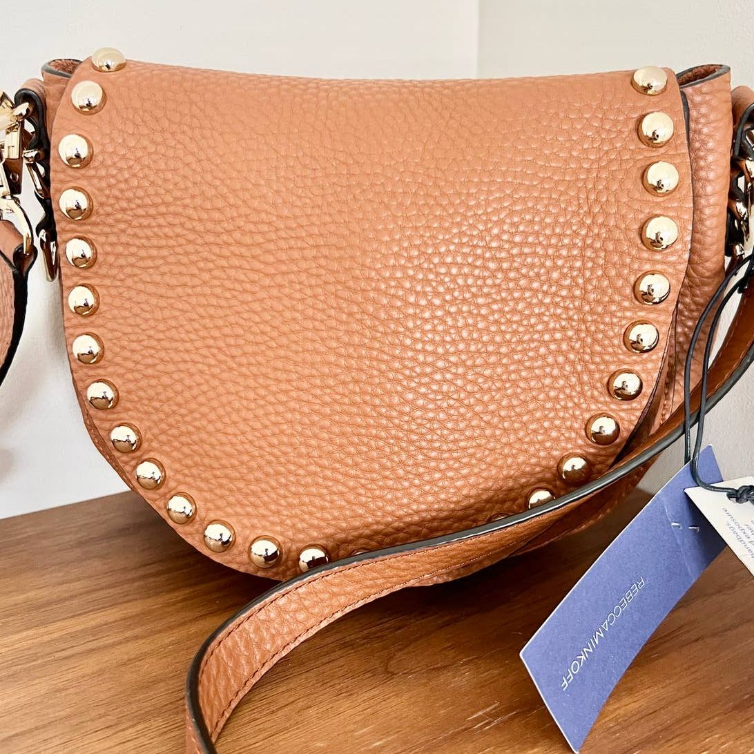 NWT Rebecca Minkoff Pebbled Leather Studded Saddle Crossbody Bag Almond Women's | eBay AU