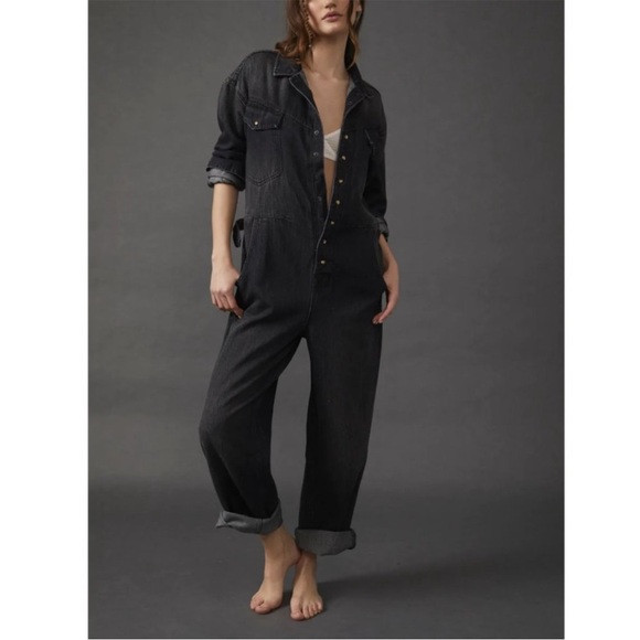 NEW Free People Care Townes jumpsuit utility black denim jean Jumpsuit Medium | Poshmark