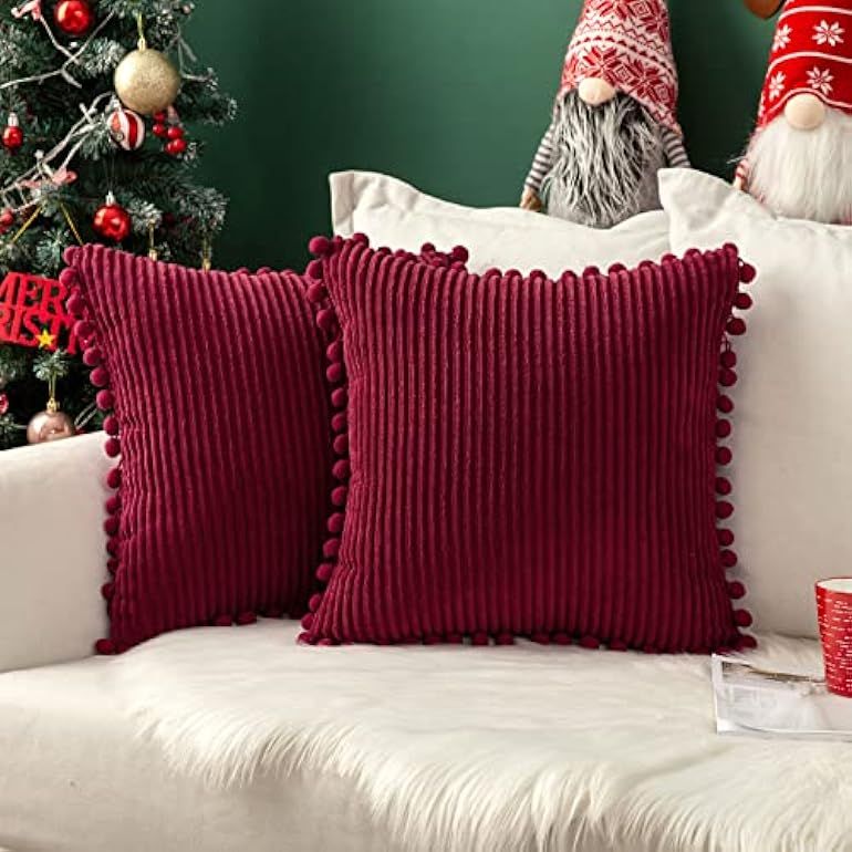 MIULEE Boho Christmas Decorative Throw Pillow Covers with Pom-poms, Soft Corduroy Square Solid Lu... | Amazon (US)